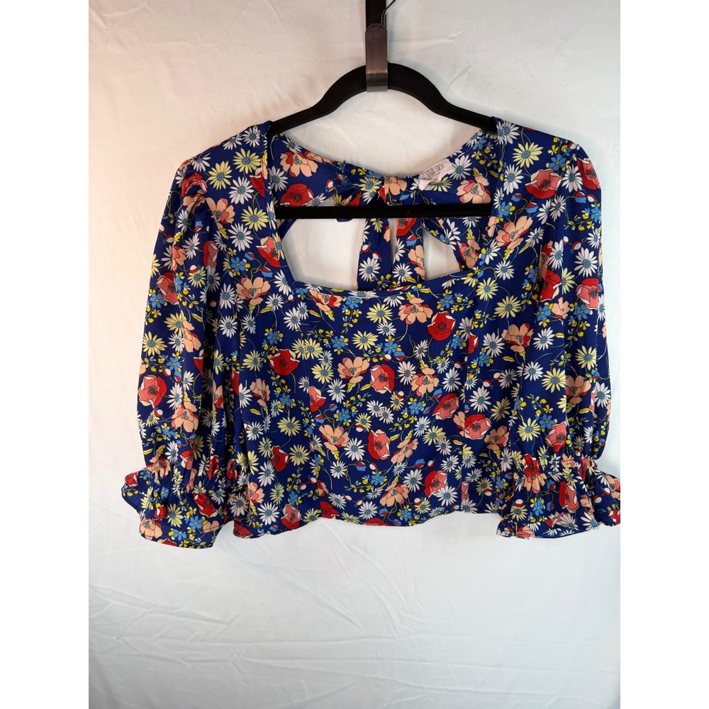 Sienna Sky Women Blue Floral Puff Sleeve Smocked Tie Back Crop Top Blouse Size M